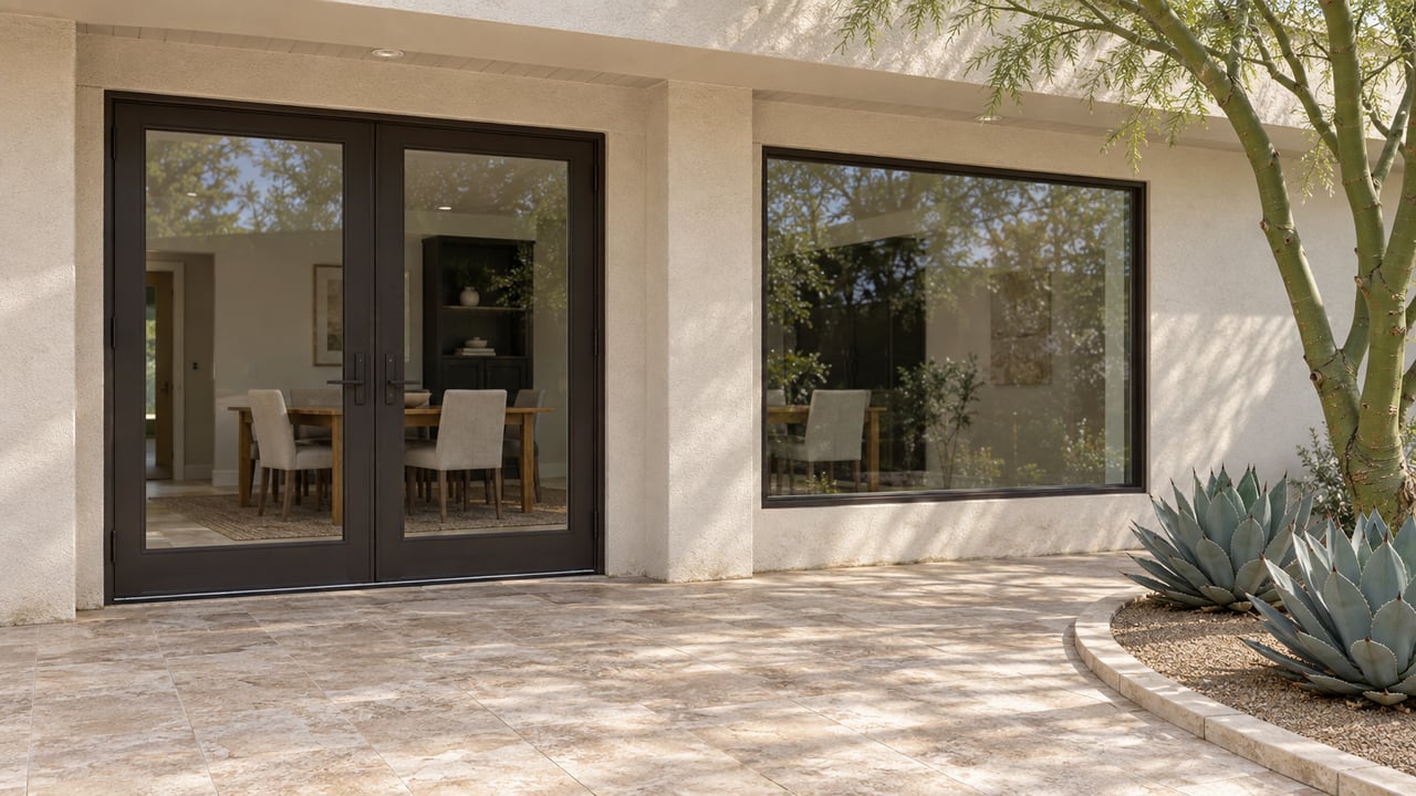 Cream stucco home with dark glazed French doors, a shaded travertine patio and sculptural desert planting.