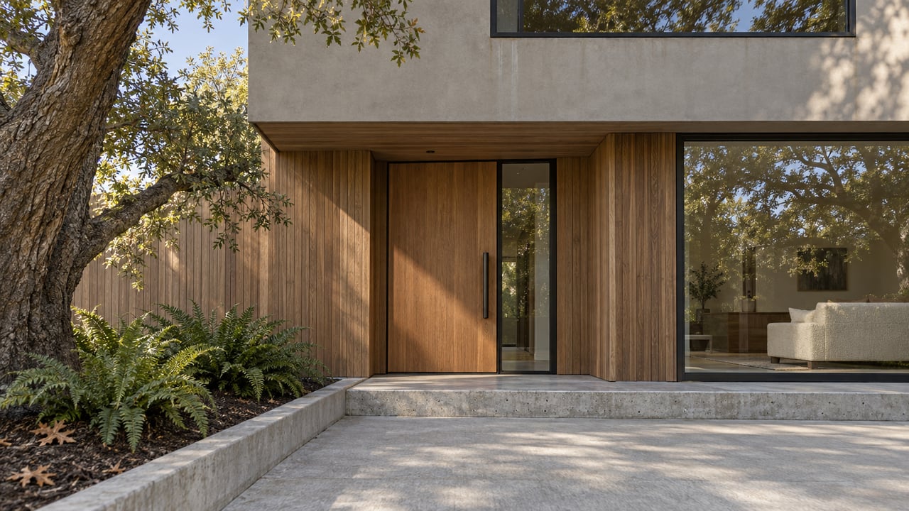 Contemporary home entrance with cedar cladding, black-framed windows, a concrete approach and a mature oak beside planted ferns.