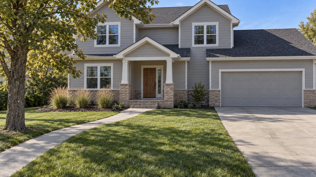 Gabled home with pale siding, buff-brick porch, broad lawn and a bur oak in early autumn light.