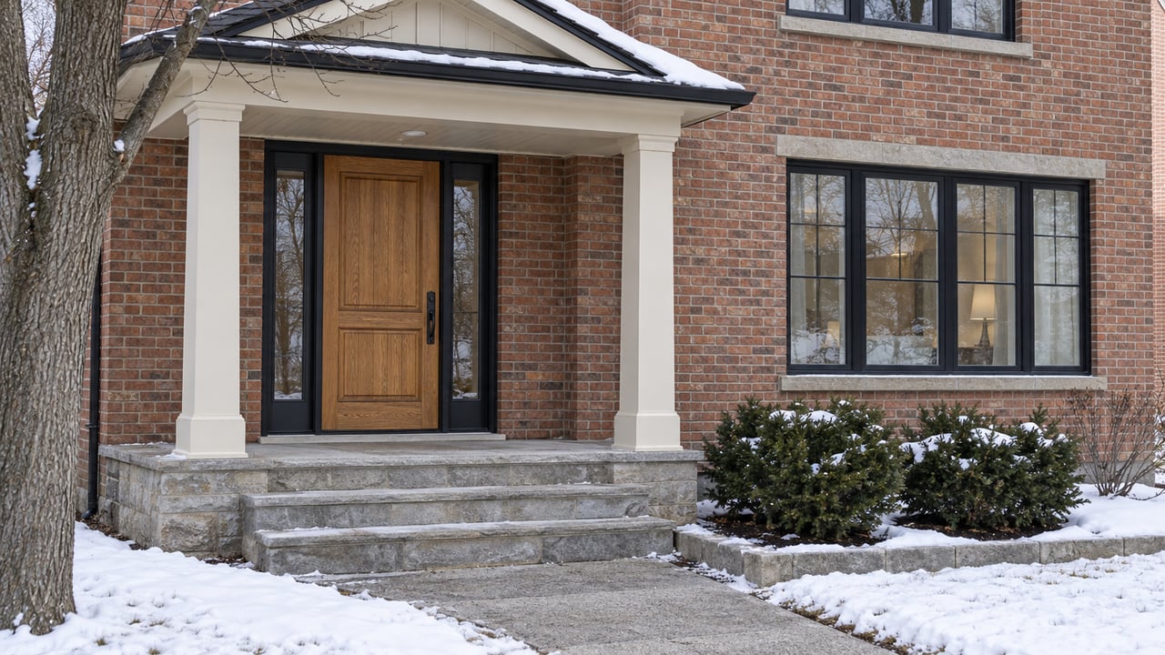 Snow edges a swept stone entry and concrete approach beside a brick home with an oak door, ivory porch columns, and a bare maple.