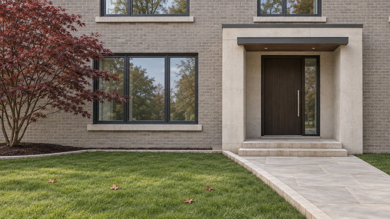 Grey-brick detached home with limestone entry steps, a dark oak door, black-framed windows and a burgundy Japanese maple beside the front lawn.