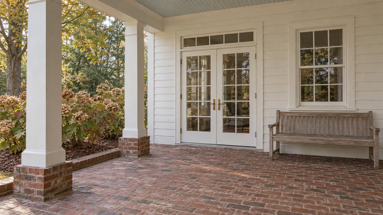 Covered brick terrace beside an ivory clapboard home, with glazed French doors, a weathered teak bench and oakleaf hydrangeas.