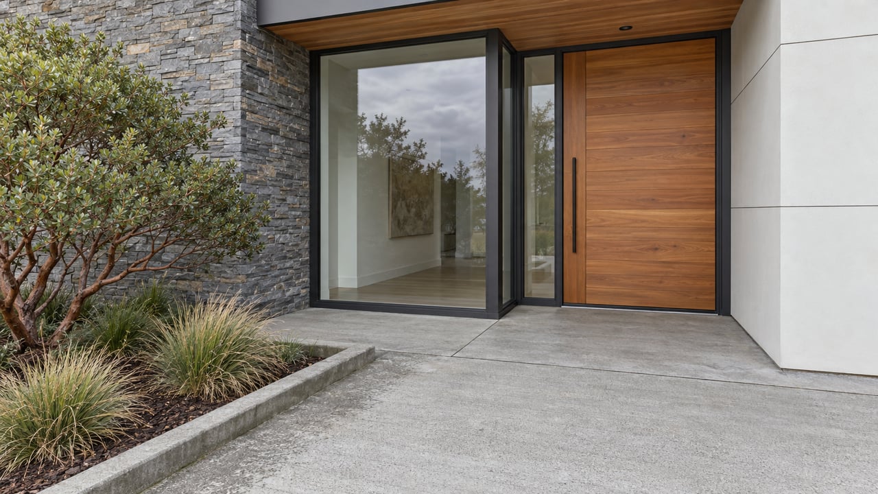 Cedar entry door and dark-framed glass beside gray stacked stone, with a concrete landing and sculptural manzanita.