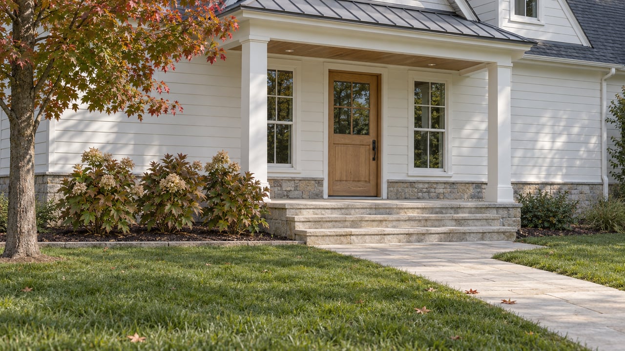 White-sided home with an oak entry door, limestone porch steps, a deep green lawn and autumn foliage.