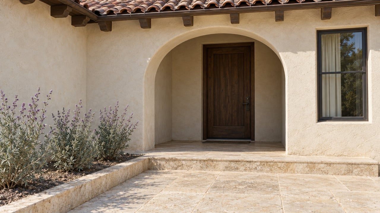 Cream stucco home entry with a red clay tile roof, recessed oak door, limestone approach and silver-green Cleveland sage.