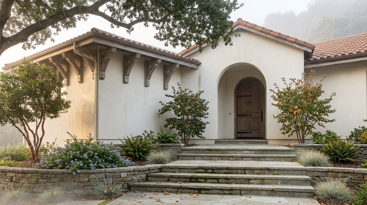 Stucco hillside home with an arched wooden entry, terracotta roof, and misty stone terraces beneath an oak canopy.