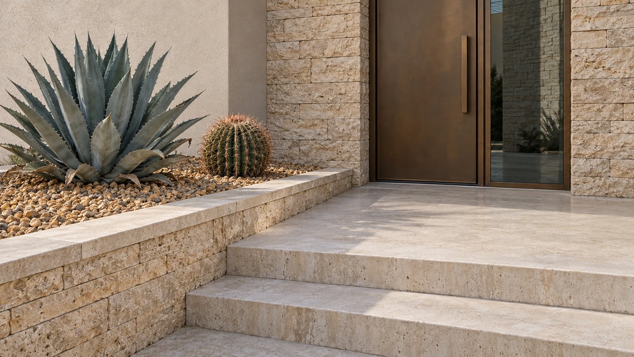 Buff stone steps lead to a recessed bronze entrance beside a raised gravel bed with a sculptural agave and barrel cactus.