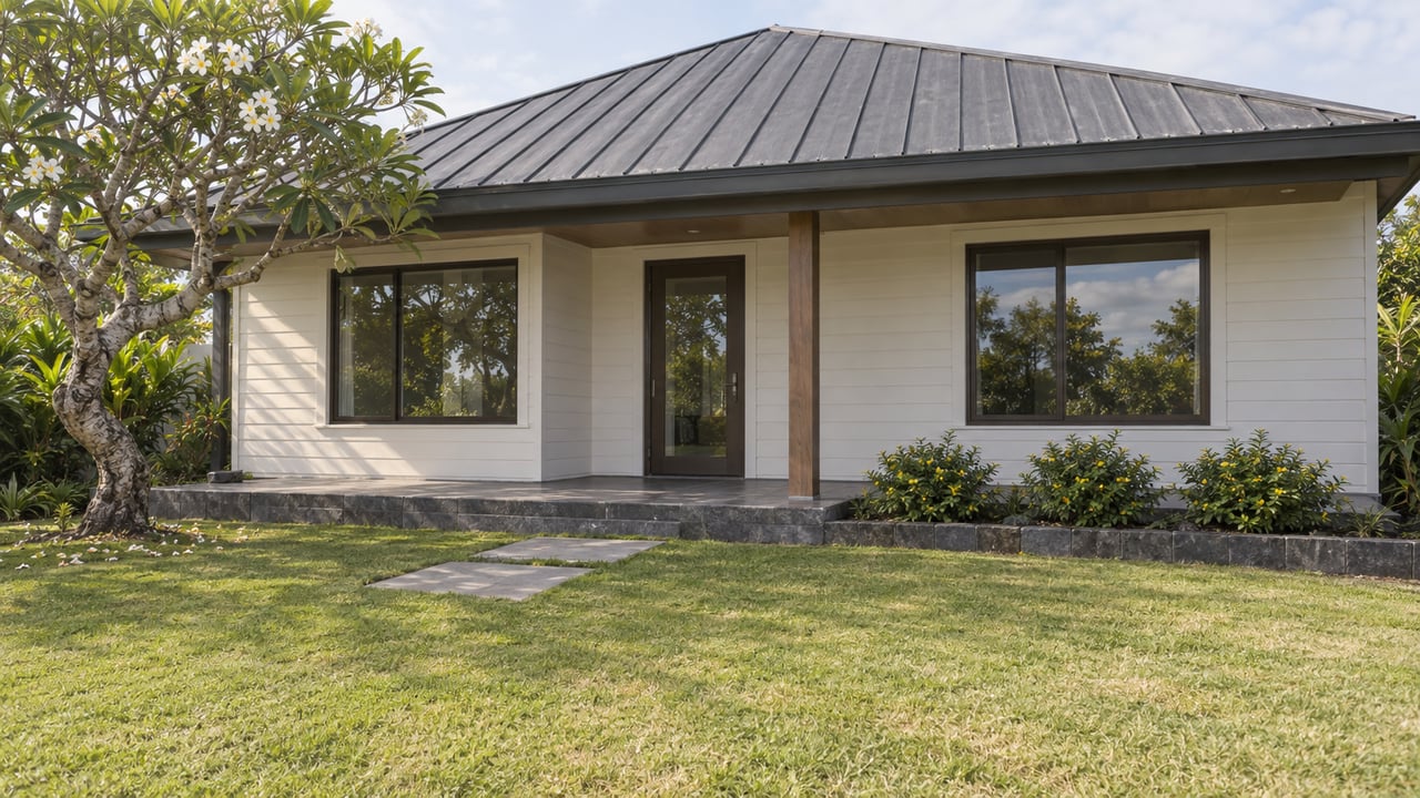 Single-story warm-white house with a covered porch, charcoal roof, broad lawn, and a plumeria tree to the left.