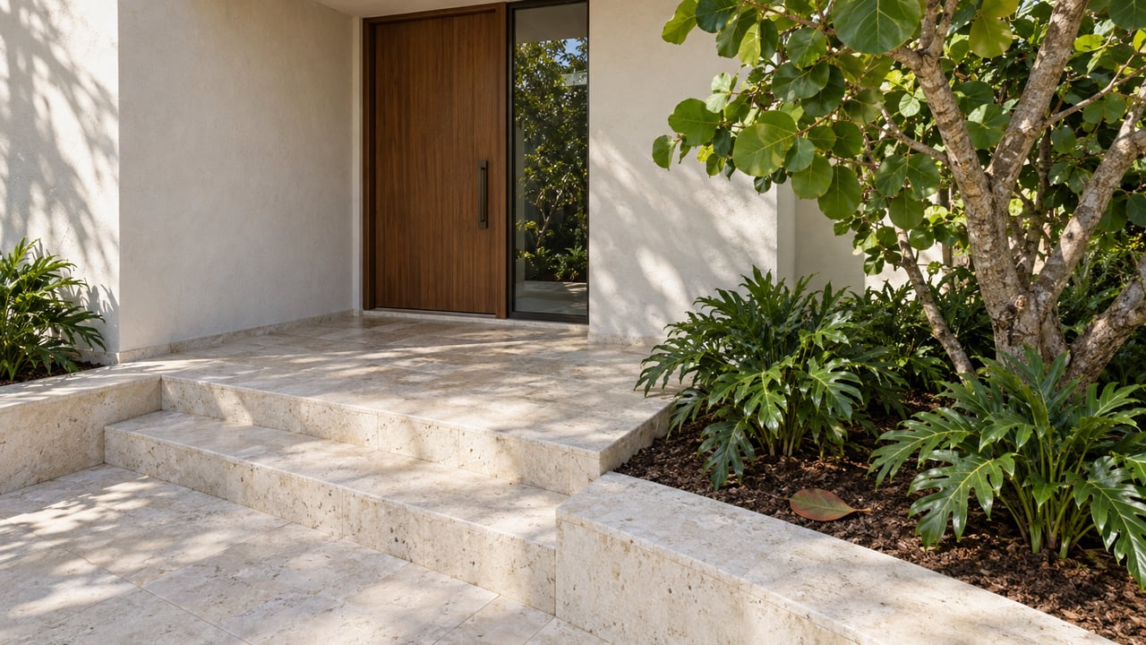 Elevated view of a pale stucco home's teak entrance, limestone steps and sea-grape planting bed.