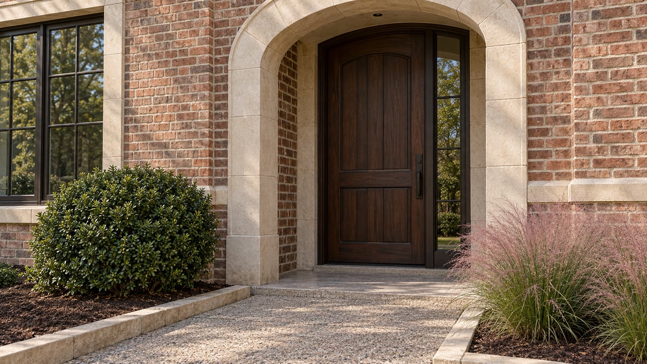 Recessed arched entry with a dark walnut door and sidelight in a red-brown brick house.