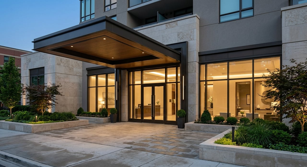 Condo entrance beneath a dark canopy, with glass doors, warm-lit lobby, stone paving, and planters at dusk.