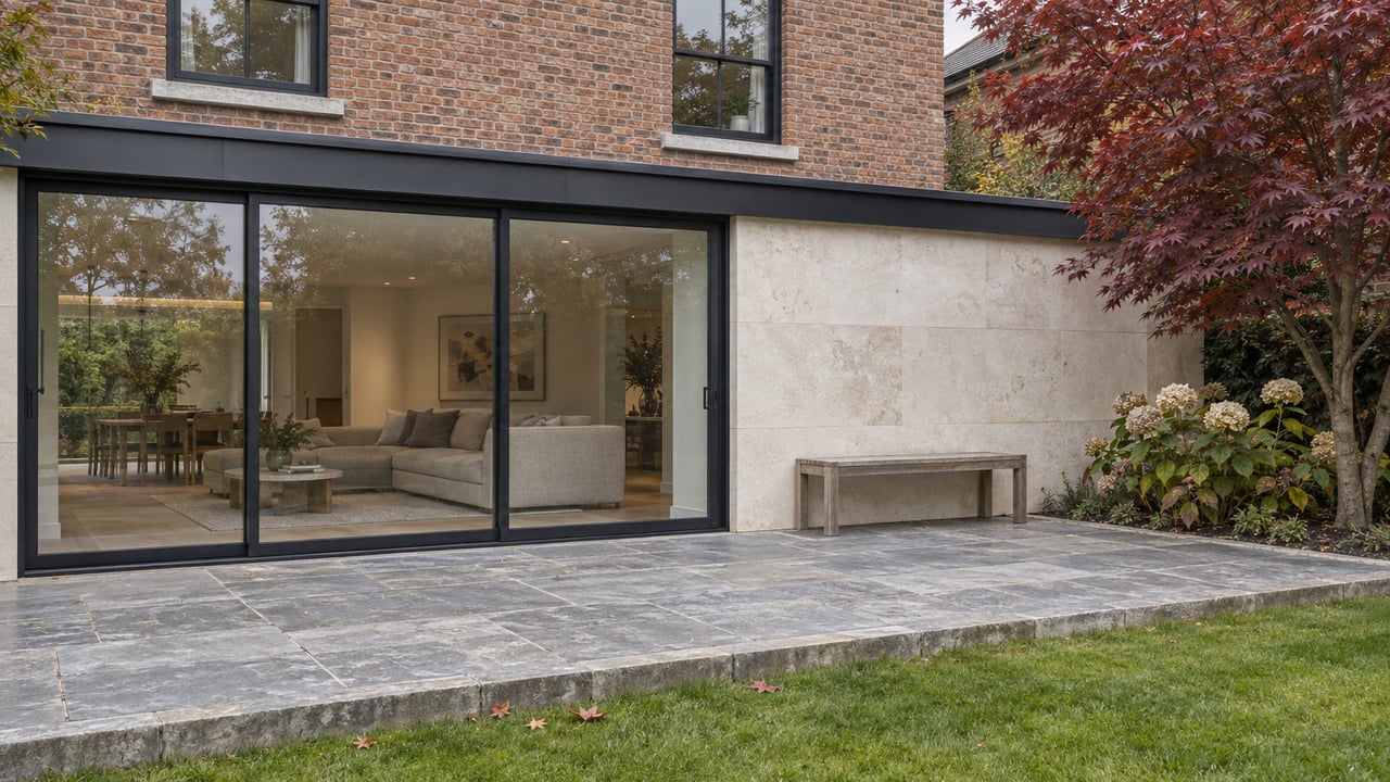 Brick home with a limestone rear extension, closed black-framed glass doors, stone terrace, and autumn maple.