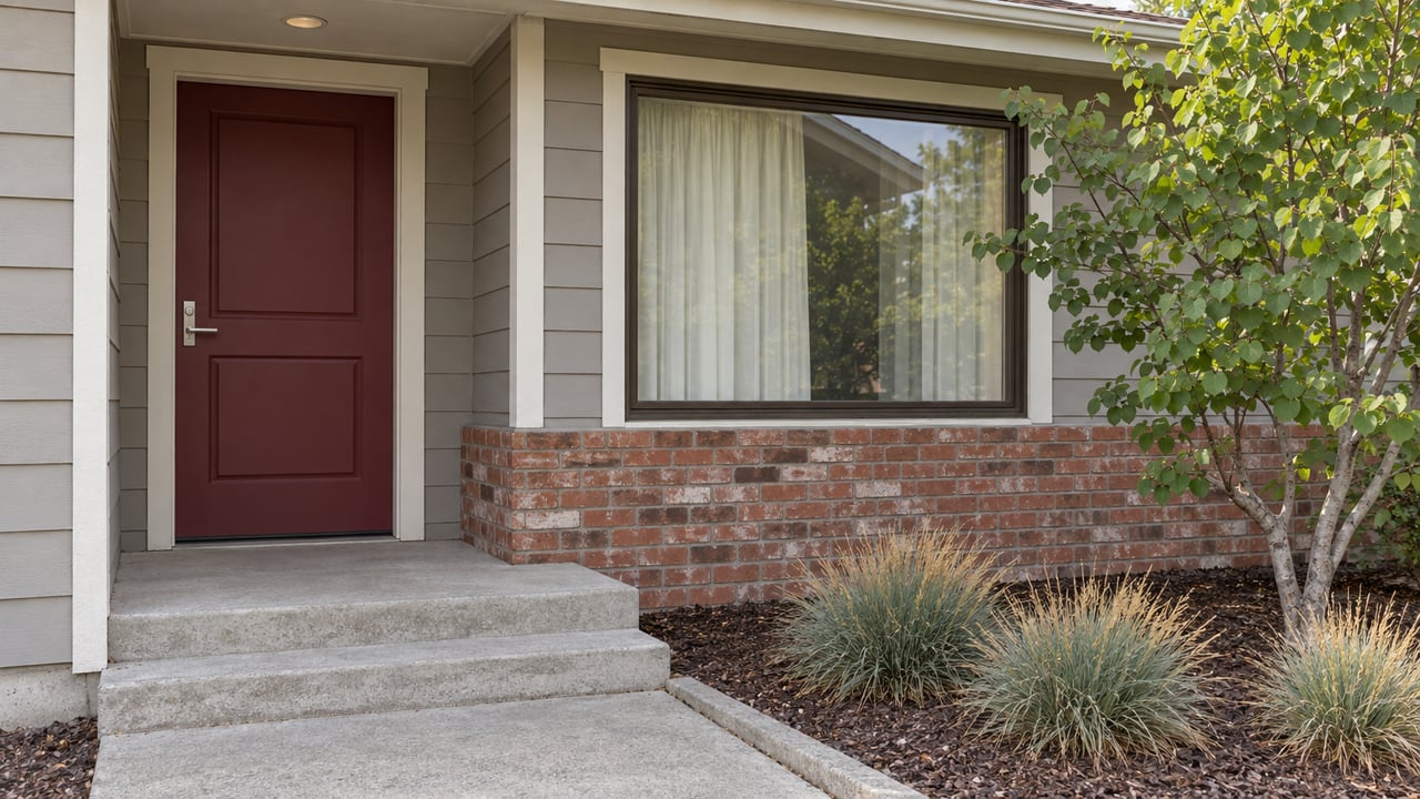 A covered ranch-home entry with a maroon door, warm-gray lap siding, red-brick wainscot and a small redbud beside concrete steps.