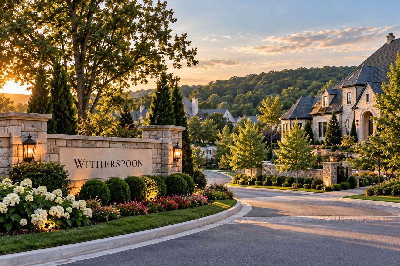 Luxury estate neighborhood inspired by Witherspoon in Brentwood, Tennessee, featuring elegant stone homes, spacious properties, mature trees, manicured landscaping, and a beautifully landscaped community entrance.