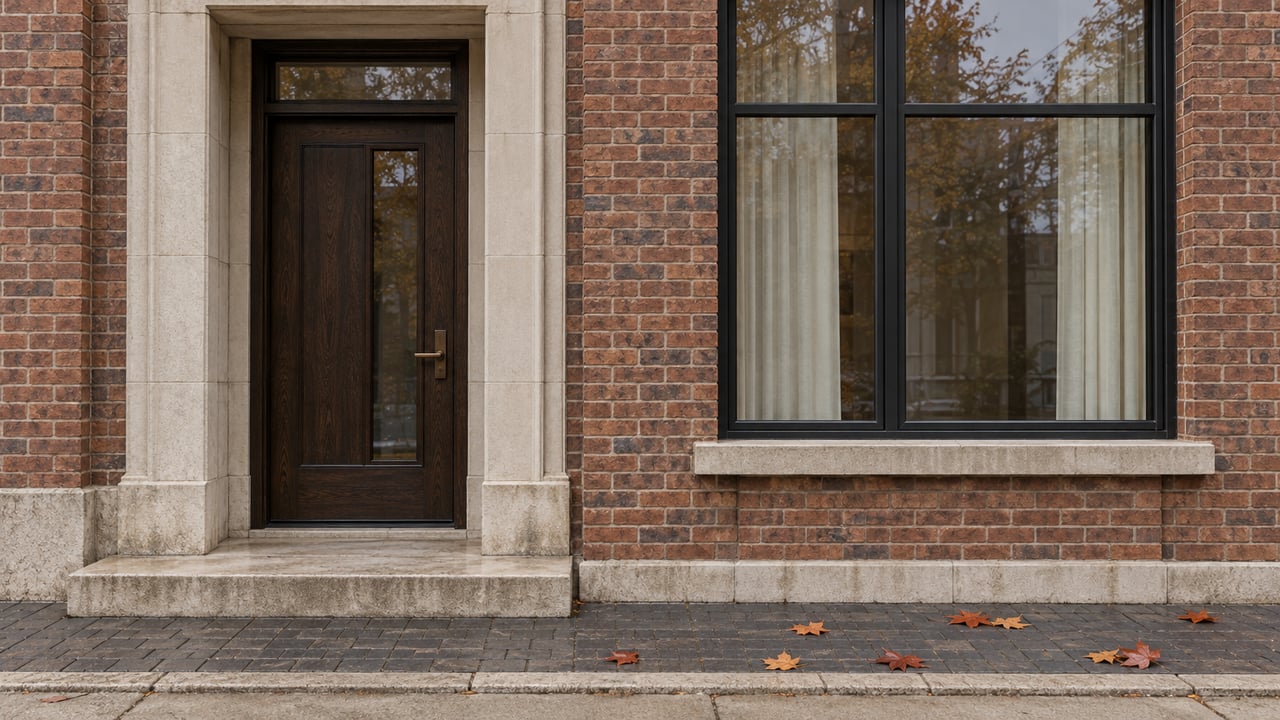 Warm brick townhome entrance with limestone trim, an oak door, black-framed window and autumn leaves on the paved approach.