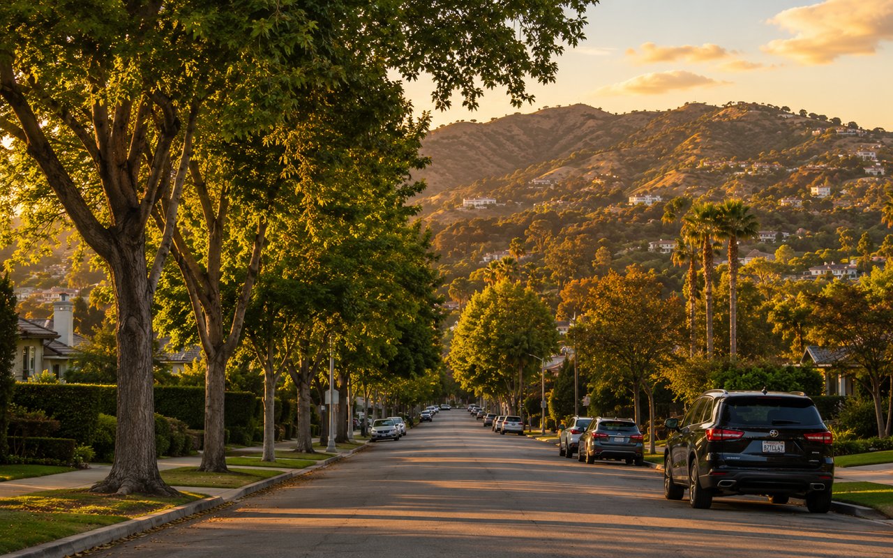 Tree-lined residential street south of Ventura Boulevard in Sherman Oaks