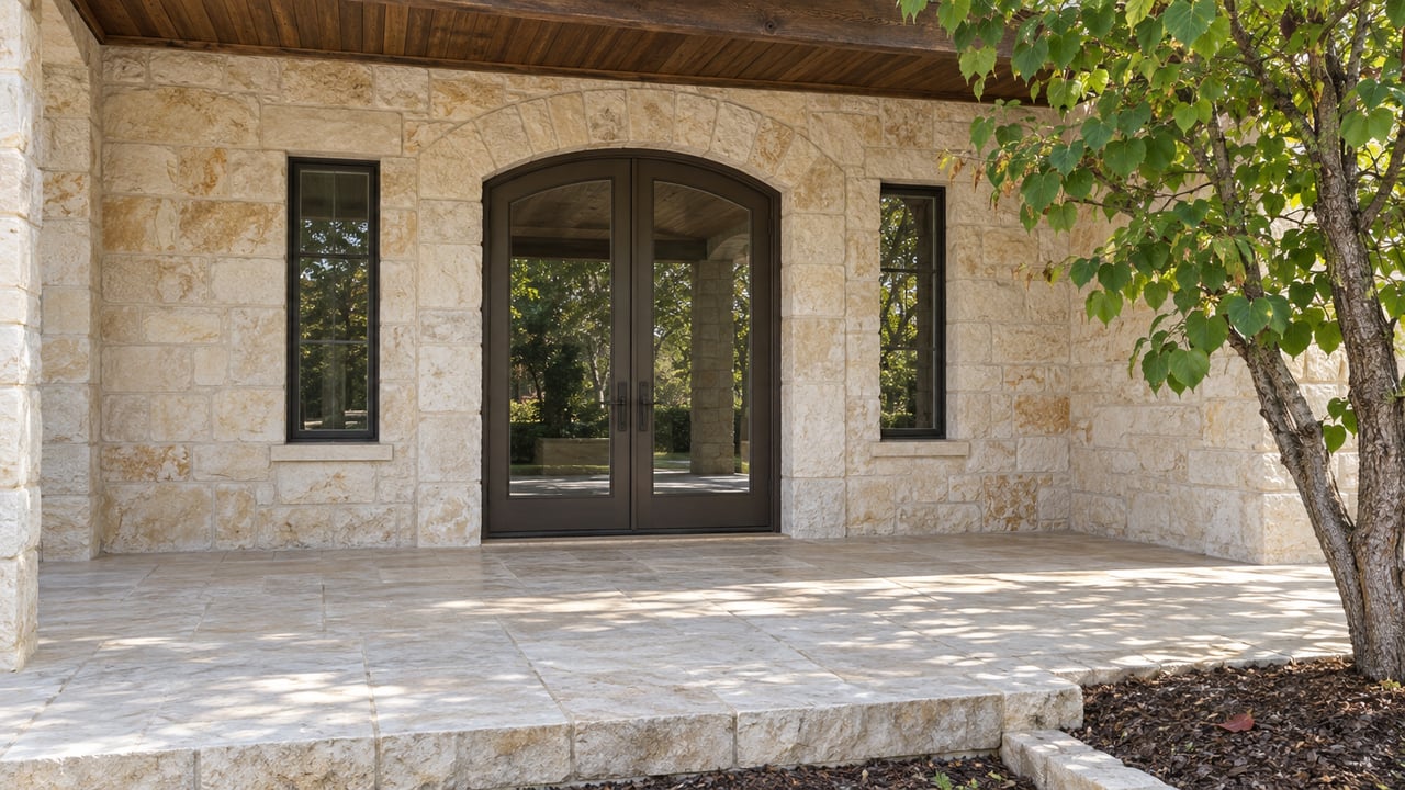 Limestone-covered porch with paired dark bronze glass doors, pale stone paving and a sculptural redbud beside the raised garden edge.