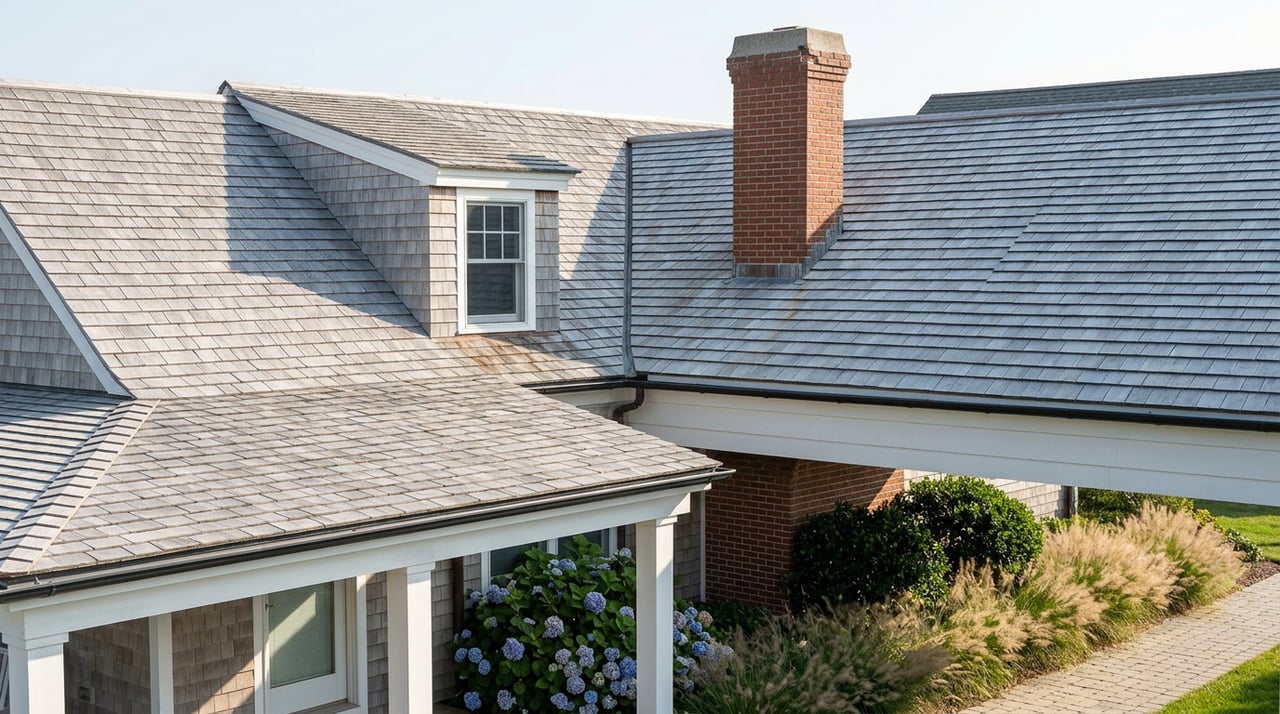Weathered cedar-shingle roof planes meet at a divided-light dormer beside a red-brick chimney.