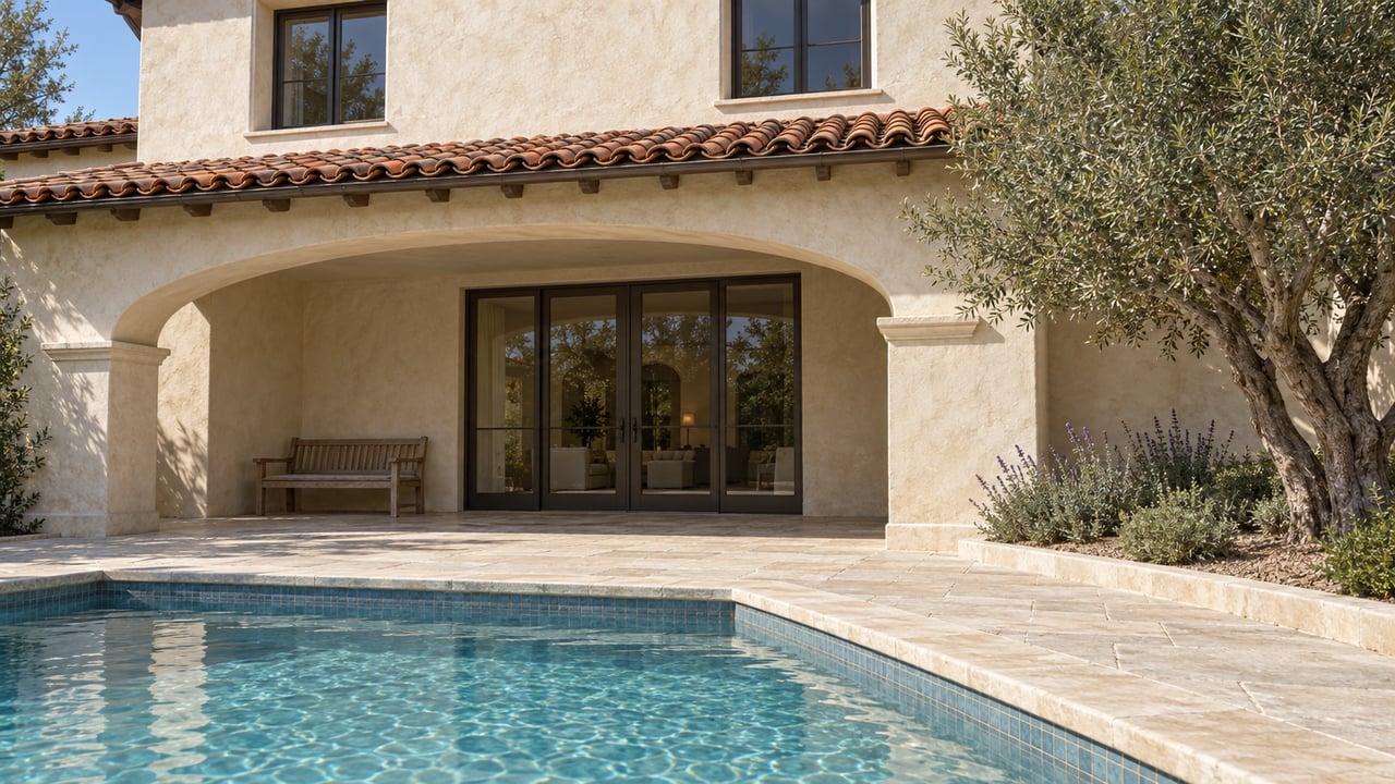 Cream stucco home with a tiled roof and arched covered porch overlooking a limestone terrace and the corner of an aqua pool, beside an olive tree and flowering sage.