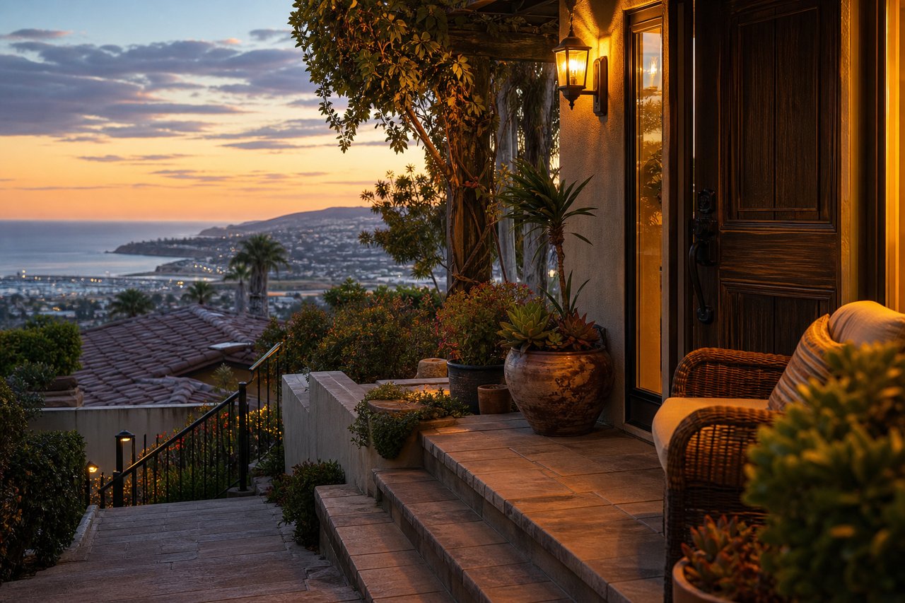 Tiled patio with potted plants and wicker seating overlooking the ocean at sunset