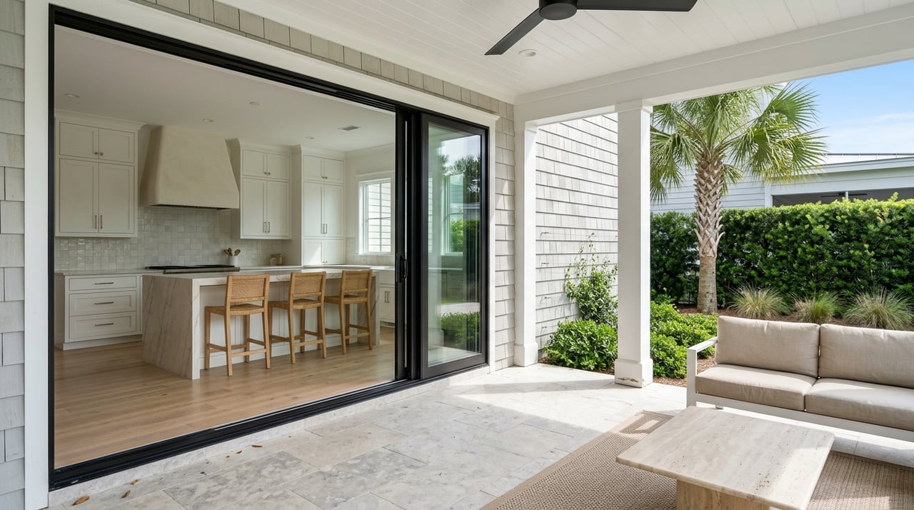 Covered outdoor living area opening onto a bright kitchen with an island and coastal-style finishes.