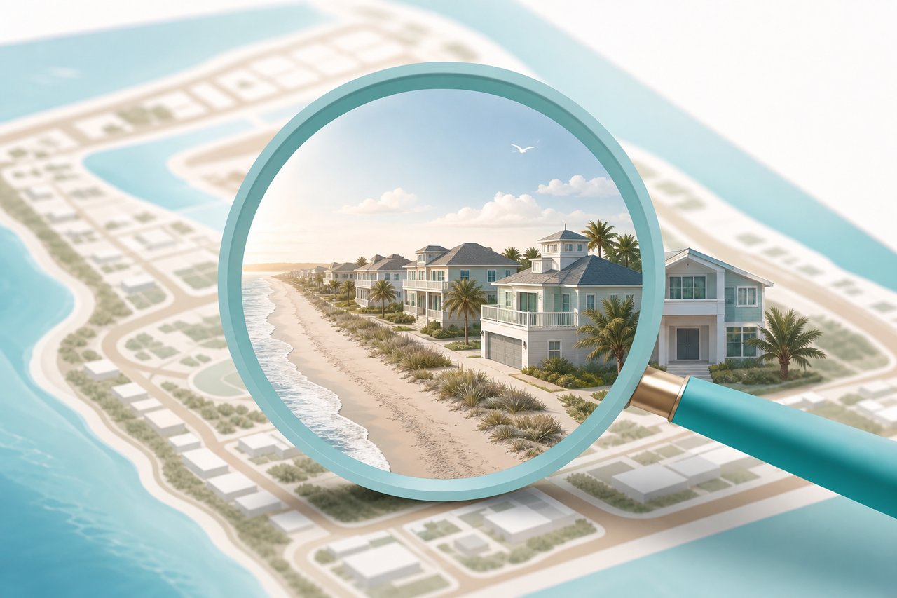 Magnifying glass highlighting coastal homes along a beach on a neighborhood map.