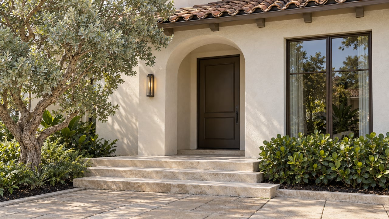 Stucco home entry with an arched bronze door, limestone steps, and a silver buttonwood tree.