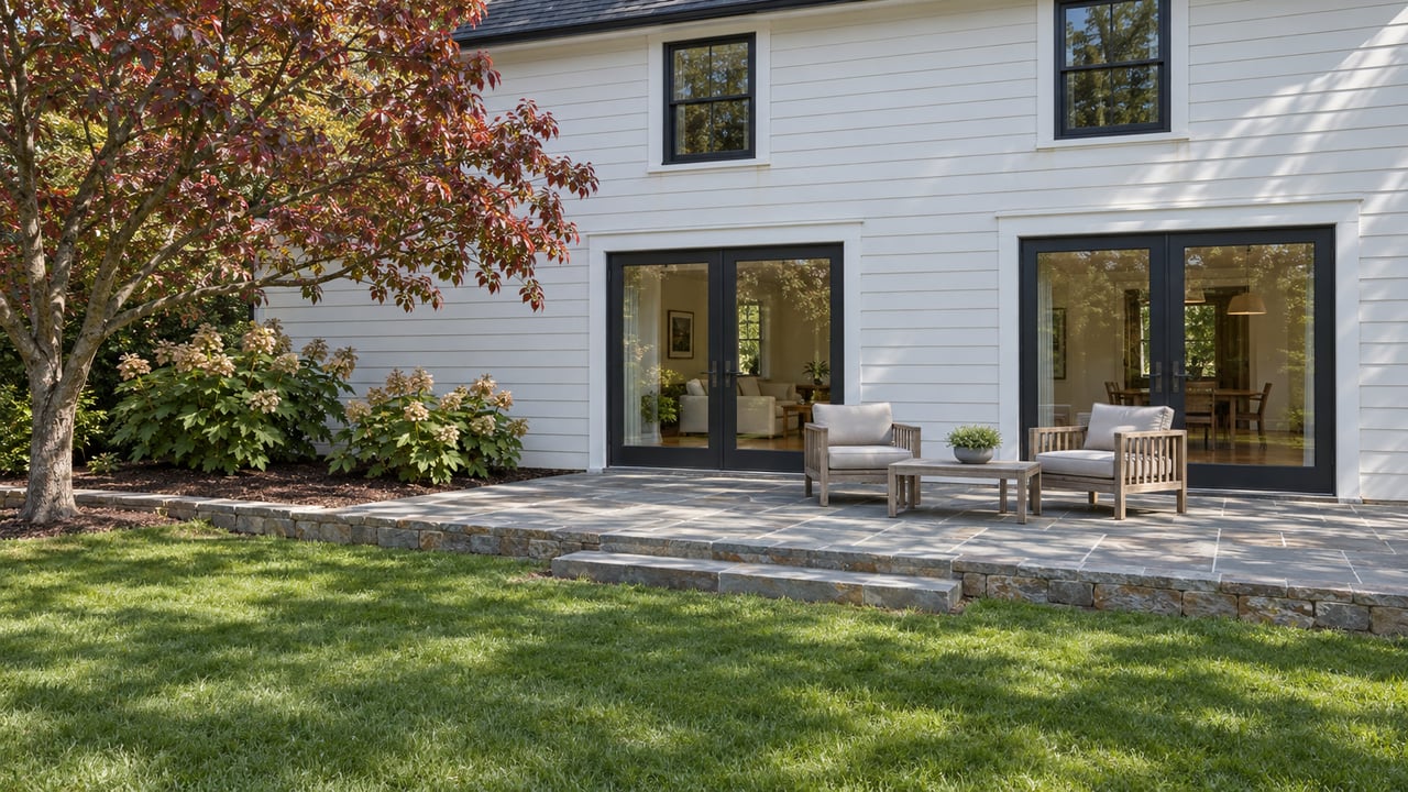 White-sided home with black-framed glass doors opening onto a bluestone terrace, teak chairs and an autumn-tinted dogwood beside a deep lawn.