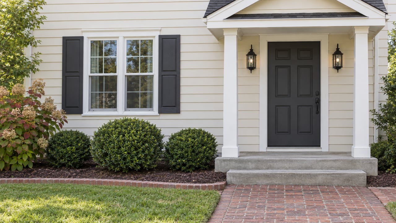 Cream-sided house entry beside a shuttered window, with weathered brick approach and carefully spaced autumn shrubs.