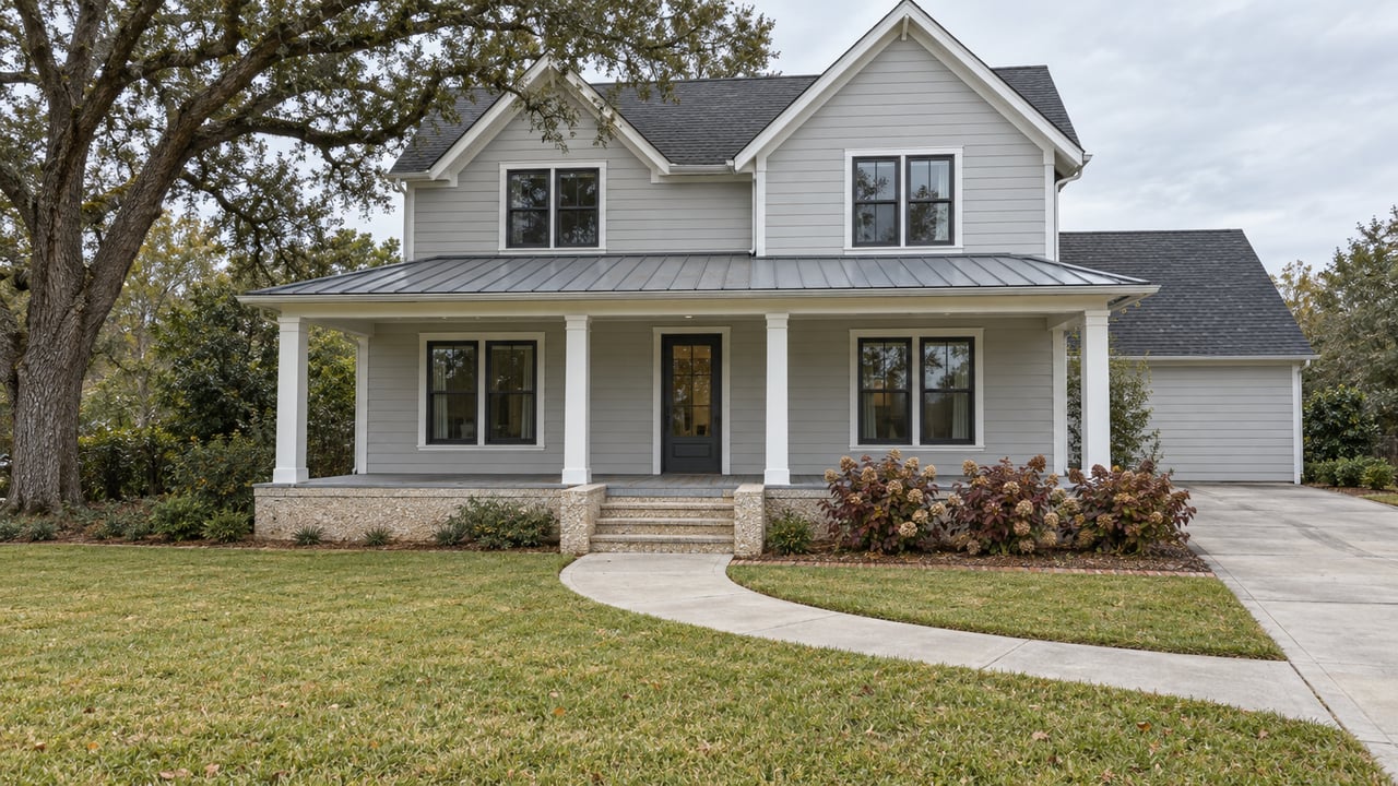 Oyster-gray gabled home with a raised front porch, curving concrete walk and deep autumn lawn beneath a spreading live oak.