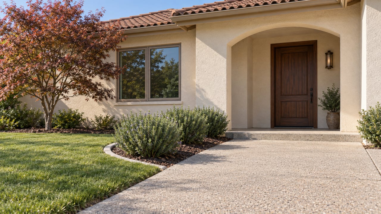 Stucco home entrance with a dark wood door, red-tile roof, and landscaped front yard.