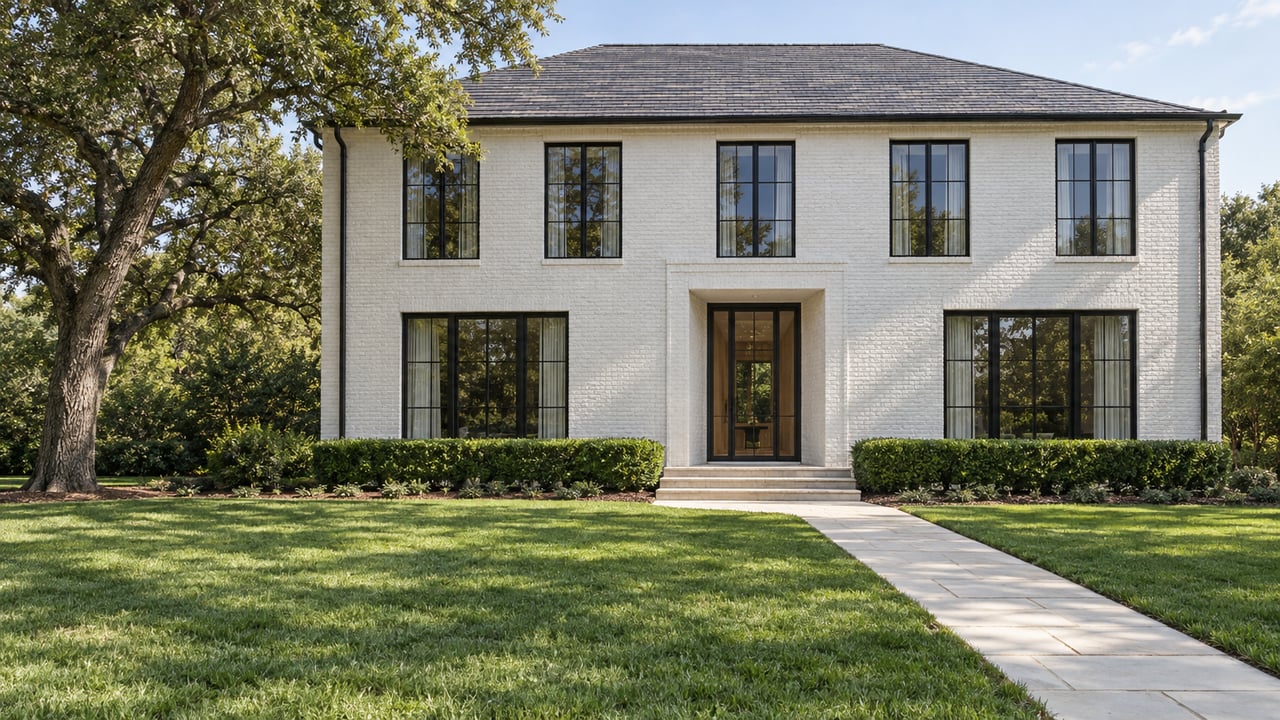 A substantial white brick home with tall black-framed windows, recessed glass entry and limestone approach across a deep lawn beneath a mature live oak.