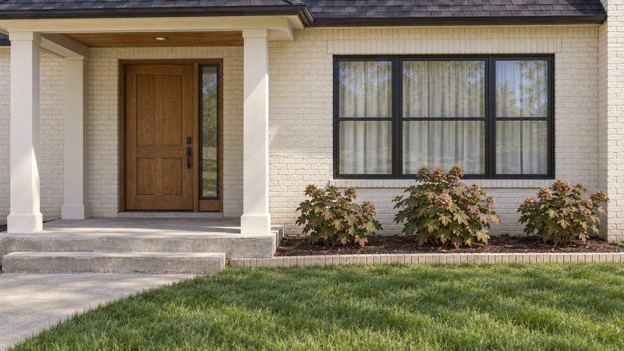 Ivory painted-brick home with a covered oak entry, dark-framed window, concrete approach and oakleaf hydrangeas.