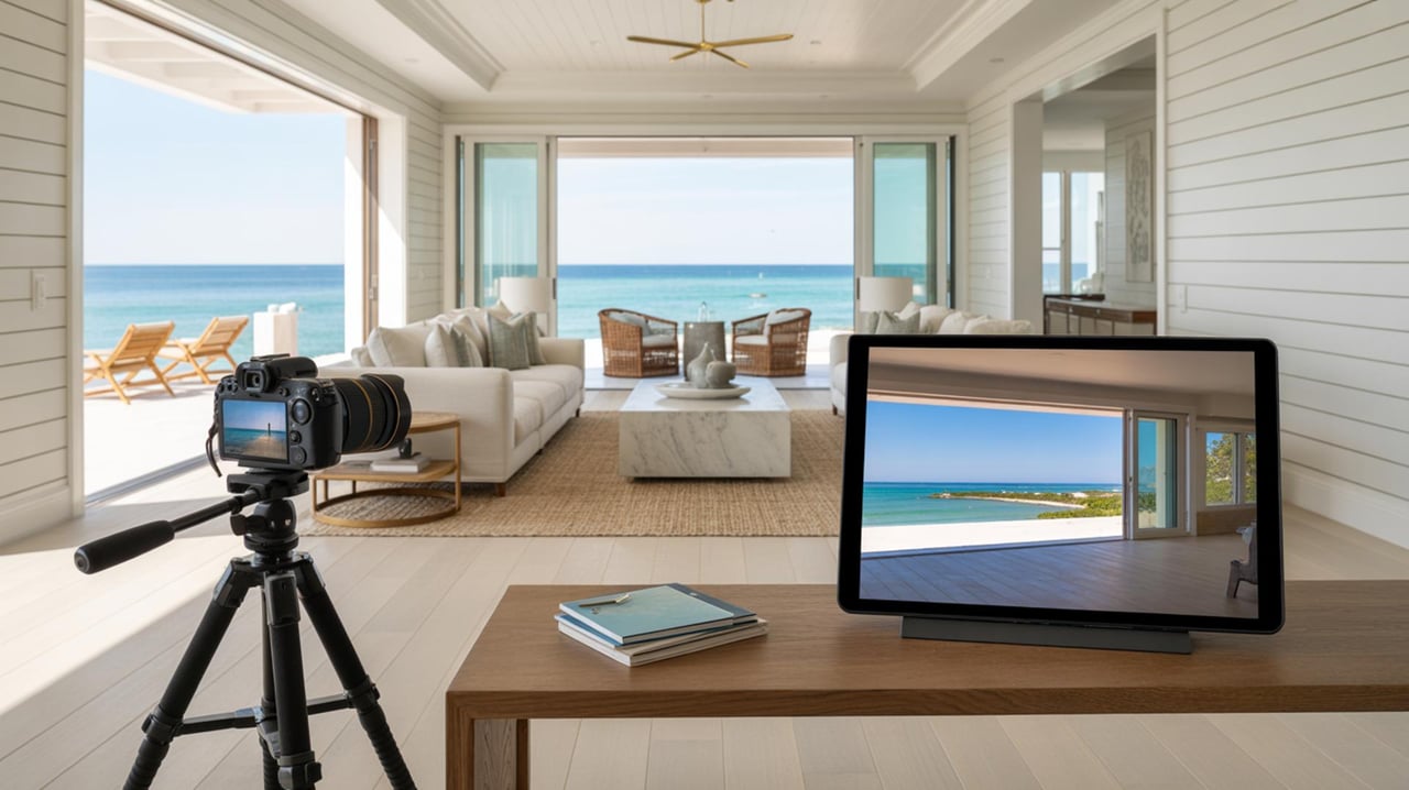 Camera and monitor in a bright coastal living room overlooking the ocean.