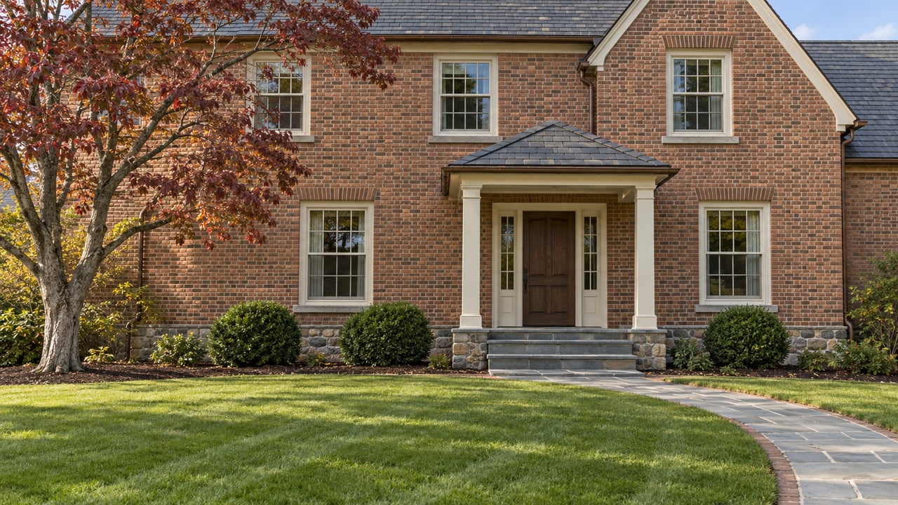 Traditional brick home entrance with a slate porch roof, fieldstone foundation, bluestone steps, and an autumn dogwood beside a deep lawn.