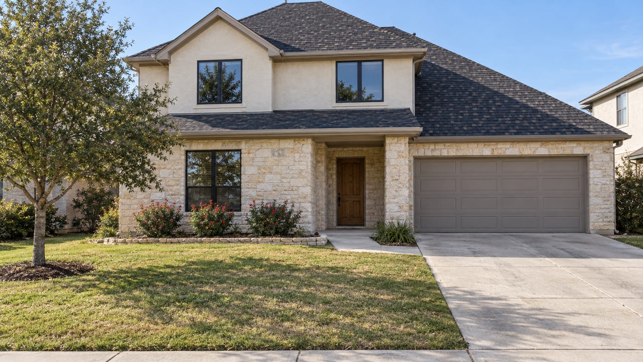 Stone-and-stucco two-story home with a deep front lawn, oak tree, recessed entry and attached garage in bright morning light.
