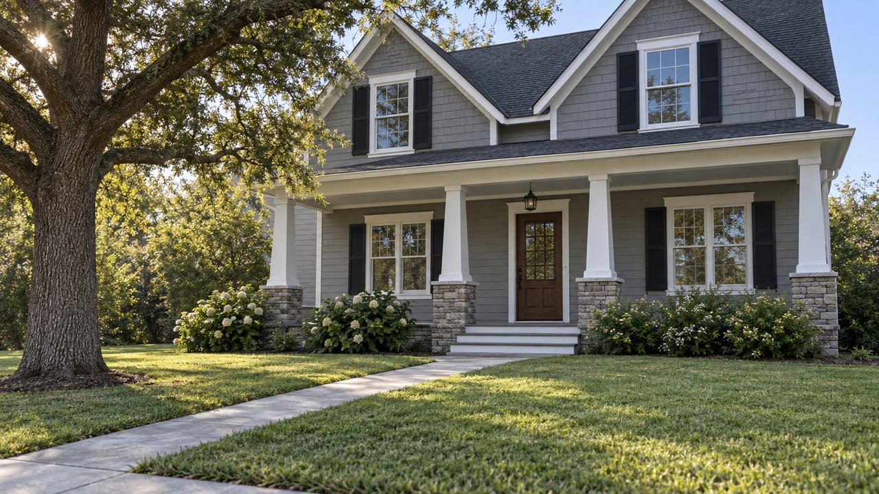 Two-story gray house with white porch columns, front lawn, and a concrete walk leading from the sidewalk.