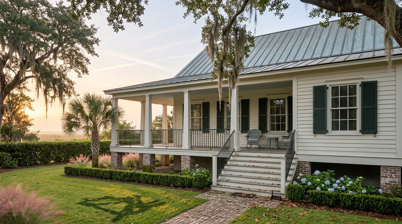 Elevated coastal home with wraparound porch, moss-draped live oak, and brick path across a sunlit lawn.