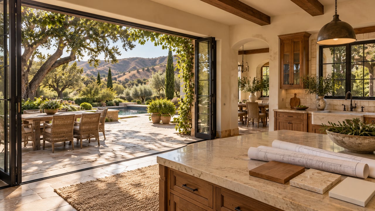 California-style kitchen opening onto a garden, with renovation plans and material samples on the island