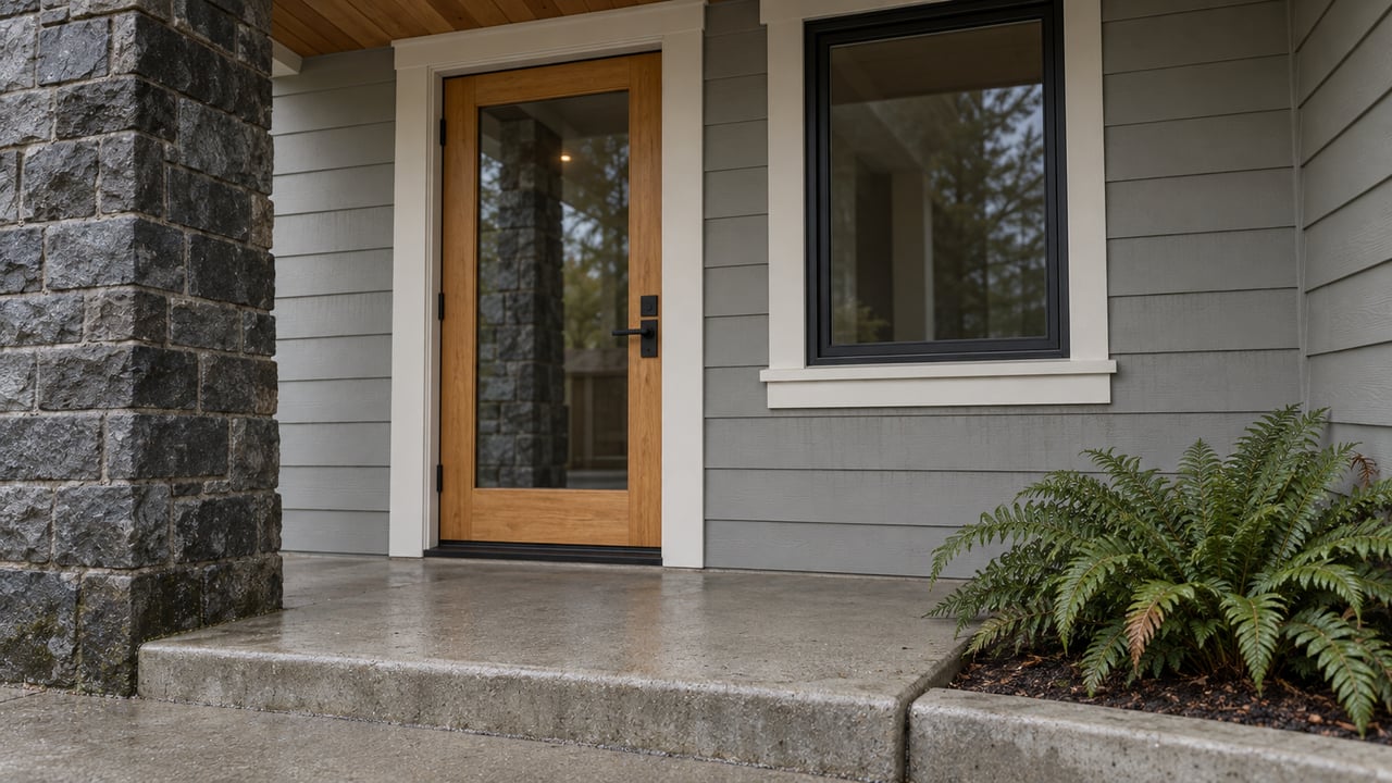Close view of a sheltered cedar-and-glass front door beside a basalt pier, gray lap siding and a sword fern above a worn concrete step.