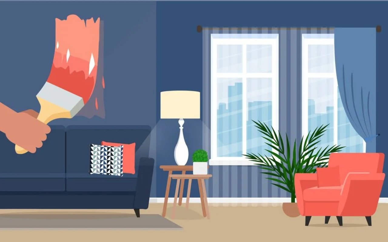 Illustrated living room with blue walls as a hand applies coral paint with a brush.