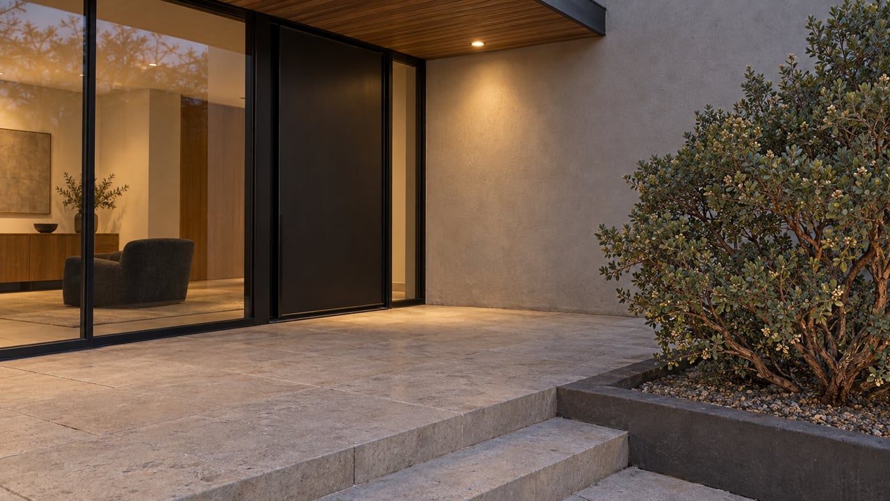 Close twilight view of a glazed home entry with warm wood soffit, limestone terrace steps and a sculptural manzanita in a bordered planting bed.