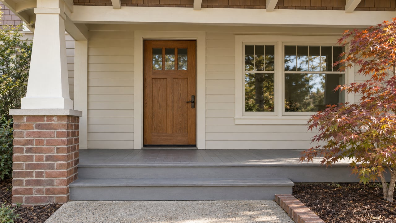 Covered entry porch with cream timber siding, an oak door, divided-light window, brick column base, and a Japanese maple beside the steps.