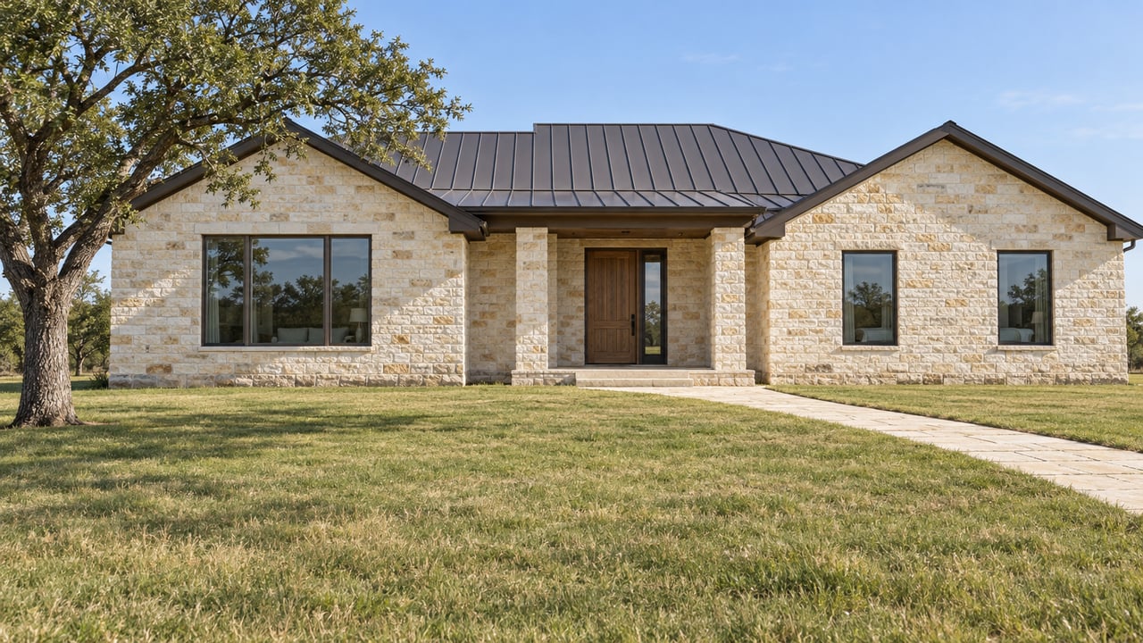 Limestone custom home with a bronze metal roof, recessed oak entry and broad lawn beneath a mature live oak.