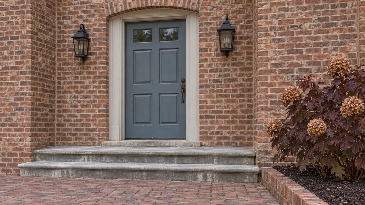 Blue-gray paneled front door beneath a brick arch, flanked by black lanterns above worn limestone steps and a brick walk.