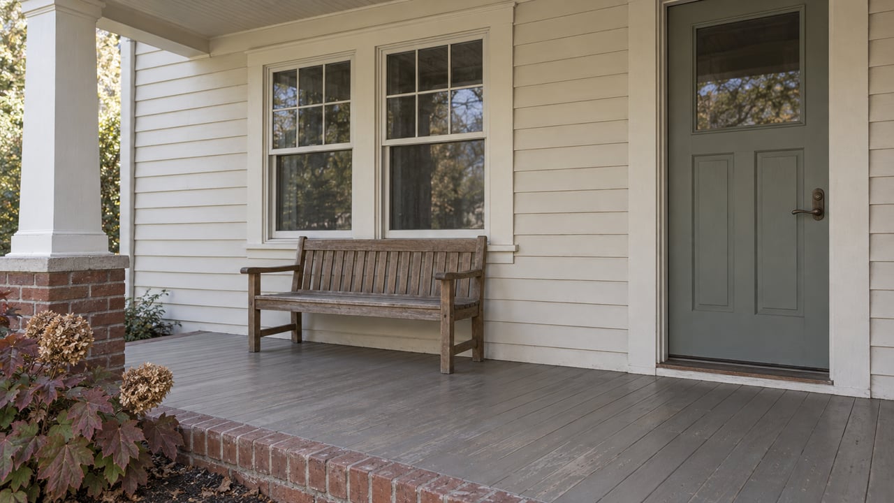 An ivory clapboard home's sheltered porch with paired sash windows, a gray-green door, a weathered wood bench and burgundy oakleaf hydrangea.