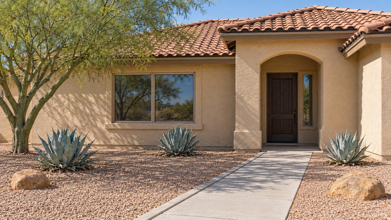 Warm stucco home with a terra-cotta tile roof, recessed arched entry and concrete walk through a gravel yard with a green-trunk tree and blue-gray agaves.
