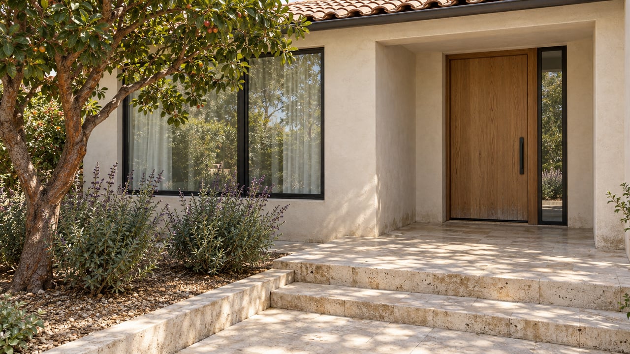 Sunlit stucco home entrance with an oak door, black-framed windows, limestone steps and a sculptural strawberry tree.