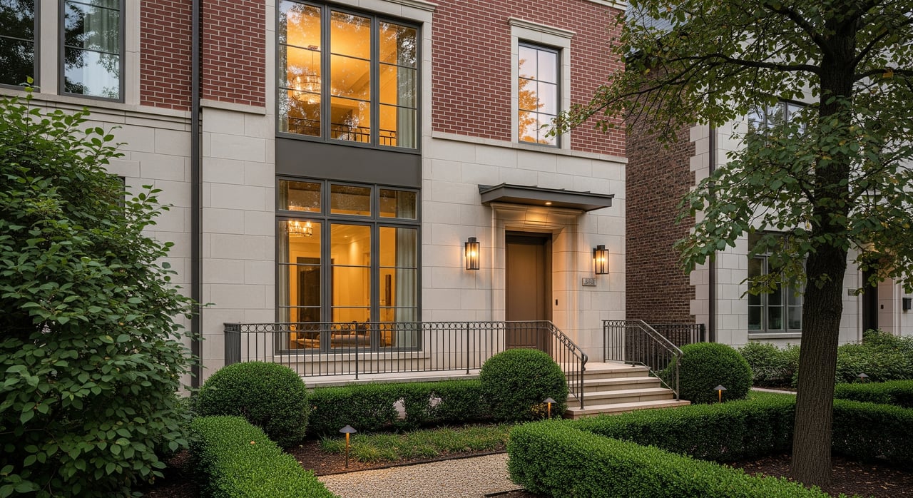Brick residence with tall, warmly lit windows, a recessed entrance, and clipped hedges beside a gravel path.