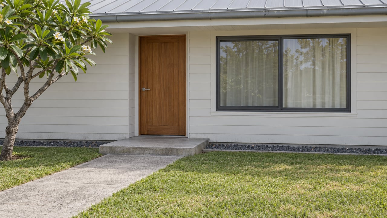 A sunlit single-story home's wood entry door and sliding window above a concrete approach, with a plumeria tree and open lawn.